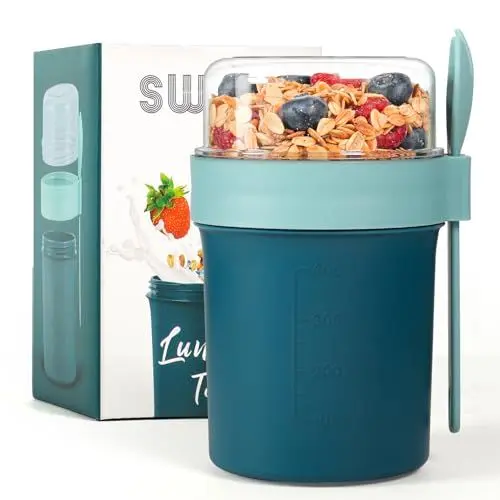 Produktbild: Swkien Müslibecher to Go, Joghurtbecher to Go, Müsli to Go Becher (560ML+220ML), Joghurt to Go Becher mit löffel, Müslibox to Go, Porridge Becher to Go, Müsli Cup Becher Lunchpot (Marineblau)