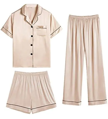 Produktbild: SWOMOG 3-teilige Satin Pyjama Set Damen Schlafanzug mit Knopf Frauen Seide Nachtwäsche Hausanzug Kurz Sommer Pyjama Set Champagne Small