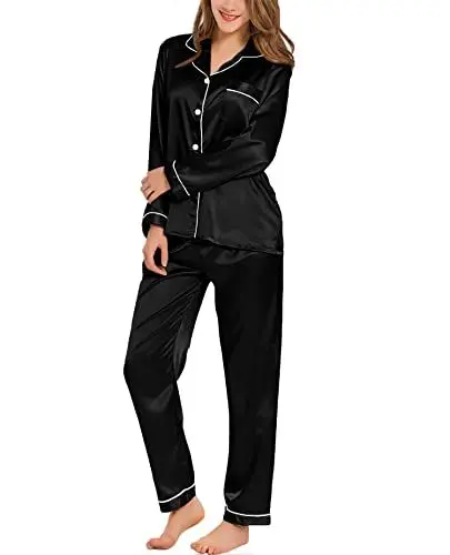 Produktbild: SWOMOG Satin Pyjama Damen Lang Button Down Pyjama Set Zweiteiliger Nachtwäsche Satin Schlafanzug mit Brusttasche Loungewear Hausanzug Pj Sets Schwarz