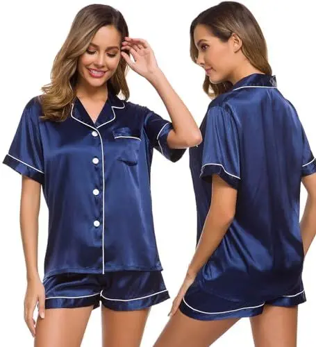 Produktbild: SWOMOG Damen Satin Pyjama Set kurz schlafanzueg Sexy V-Ausschnitt Button Down Pj Sets
