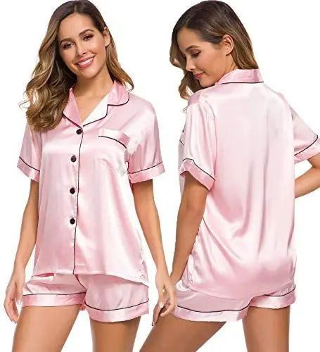 Produktbild: SWOMOG Damen Seiden Satin Pyjama Set Zweiteilige Schlafanzug Sets Nachtwäsche Sommer Button Down Loungewear Knopf Nieder Silk Pjs Sets Rosa