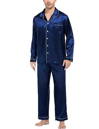 Produktbild: SWOMOG Herren Satin Pyjama Lang Schlafanzug mit Knopfleiste Seidensatin Zweiteiliger Nachtwäsche Hausanzug Langarm Schlafanzughose
