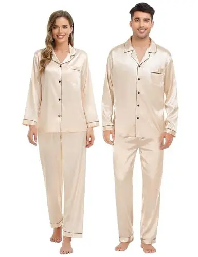 Produktbild: SWOMOG Matching Pyjamas Set für Paar Langarm Button Down Nachtwäsche Silky Satin Pjs Set für Frauen/Männer/Teenager Weiblich Champagner M