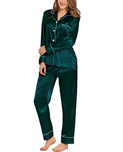Produktbild: SWOMOG Satin Damen Schlafanzug mit Knopfleiste Langarm Nachtwäsche Pyjamas Set Zweiteiliger Nachtwäsche Hausanzug Tiefgrün Large