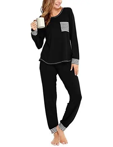 Produktbild: SWOMOG Schlafanzug Damen Lang Zweiteiliger Pyjama Weich Nachtwäsche Frauen Langarm Oberteile und Pyjamahose Hausanzug