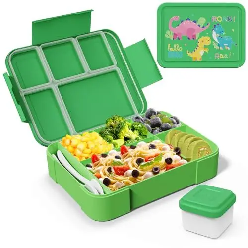 Produktbild: SWOMTEE Brotdose Kinder mit Fächern, 1330ml Lunchbox Kinder mit Dinosaurier Muster Bento Box Brotdose für Kinder, 100% BPA Frei Auslaufsicher Brotbox Jausenbox (Grün)
