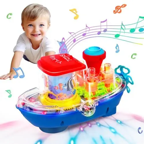 Produktbild: SWTOIPIG Babyspielzeug, transparentes Schiffsspielzeug mit Licht und Musik, elektrisches mechanisches Zahnradspielzeug für Jungen, Mädchen, Kleinkinder, Geschenke
