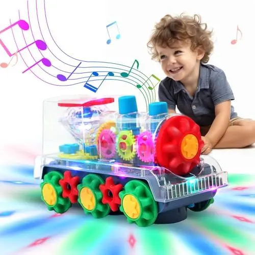 Produktbild: SWTOIPIG Transparentes Zahnradspielzeug, Glühzug, leuchtendes Musikspielzeug, elektrisches Spielzeug, 360 Grad drehbar, mechanisches Getriebe, Walking Spielzeug für Kinder, pädagogisches