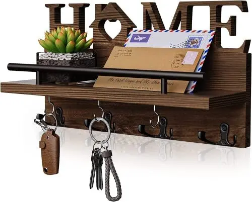 Produktbild: SWTYMIKI Schlüsselbrett - Schlüsselhalter für die Wand mit Heim dekoration, Schlüsselbrett mit Ablage/Wandregal Holz für Schlüsselhaken Organizer mit 7 Schlüsselhaken, Rustic Wandorganizer mit Ablage