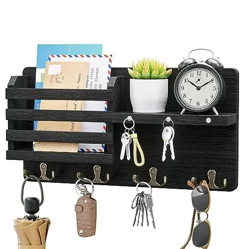 Produktbild: SWTYMIKI Schlüsselbrett mit Magnet Hängend - Schlüsselhalter Holz mit 4 Doppel Schlüsselhaken, Dekorative Schlüsselkasten mit Ablage Holz für Eingang, Mudroom, Flur, Schlafzimmer, Wohnzimmer, Schwarz
