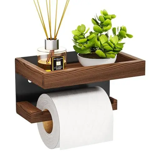 Produktbild: SWTYMIKI Toilettenpapierhalter Ohne Bohren - Klopapierhalter Ohne Bohren mit Holztablett, Multifunktionales Hängen Toilettenpapierhalter mit Ablage für Küche und Badzimmer