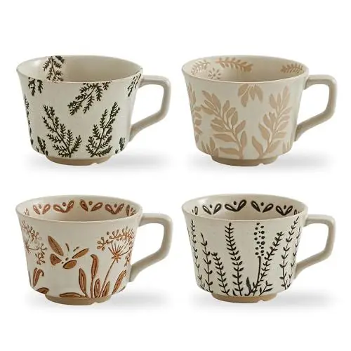 Produktbild: Swuut Kaffeetassen 350ml für Latte Tee Milch Kakao, Handgefertigter Keramik Kaffeebecher Geschirrspülersicher Mikrowellensicher, Retro Teetassen Milchbecher mit Henkel Griff Becherg(Pflanzen,4er Set)
