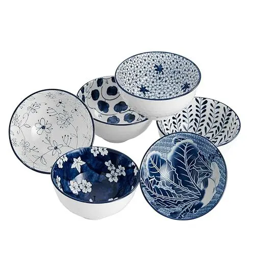 Produktbild: Swuut Keramik Snackschüsseln 6er Set im japanischen Stil, Blau und Weiß Schalen, 11 cm Kleine Reisschüsseln Set, China Suppenschüsseln (11 cm)