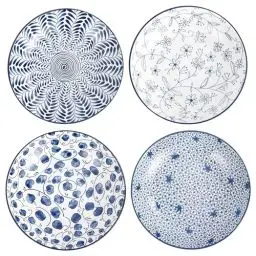 Produktbild: Swuut Keramik Pastateller Set von 4, Blau und Weiß Porzellan 20cm Salatschüsseln, Abendessen Flache Teller Servieren Vorspeise Salat Dessert Snack Schale (20cm)