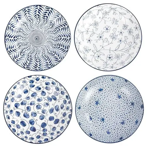 Produktbild: Swuut Keramik Pastateller Set von 4, Blau und Weiß Porzellan 20cm Salatschüsseln, Abendessen Flache Teller Servieren Vorspeise Salat Dessert Snack Schale (20cm)
