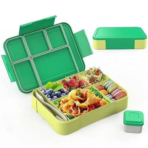 Produktbild: SWVIODMT Brotdose Kinder mit Fächern 1300ml Lunchbox für Kinder, Auslaufsichere Bento Box mit 5 Fächern Besteckset, Lunch Box für Kindergarten, Schule, Picknick, Ausflüge (grün)