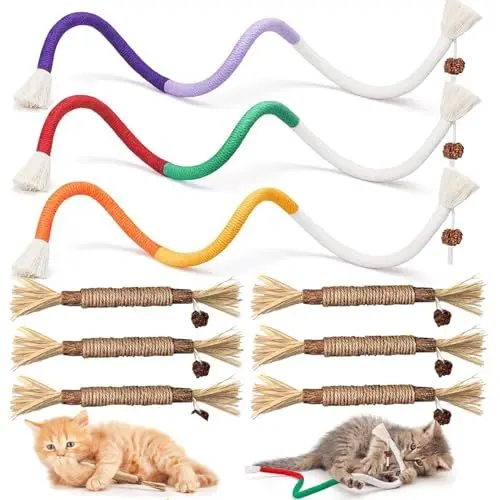 Produktbild: SXFENG 9 Stück Katzenminze Sticks, 6 Matatabi katzenminze Spielzeug, 3 Stück Katzenminze Spielzeug Beißseil 70 cm, Interaktives Katzenspielzeug, Katzen Zahnpflege und Gegen Mundgeruch