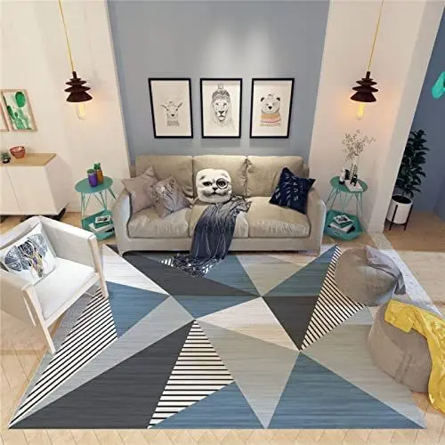 Produktbild: SXGCH Küchenteppiche Schlafzimmerteppiche für Erwachsene Büroteppich Rechteckig Zeitgenössisch Geometrisch Blau Grau Pflegeleicht Großer Teppich Unterteppich rutschfest 100X160CM 3ft 3.4