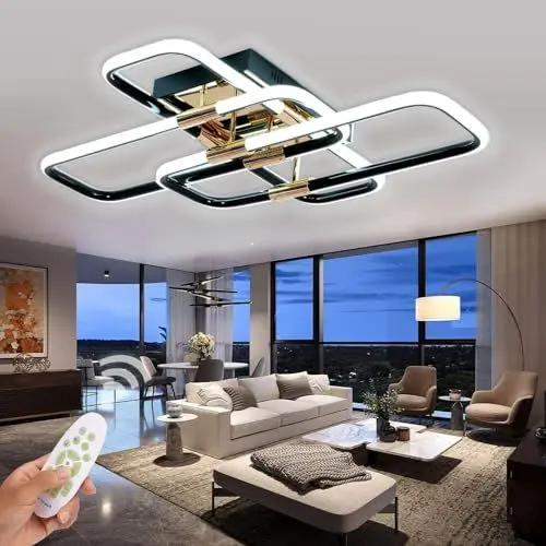 Produktbild: SXLXQM LED Deckenleuchte 54W Wohnzimmer Deckenlampe Modern Schwarz Gold Deckenbeleuchtung Metall Design Wohnzimmerlampe Dimmbar mit Fernbedienung für Schlafzimmer Esszimmer Küche Kinderzimmer