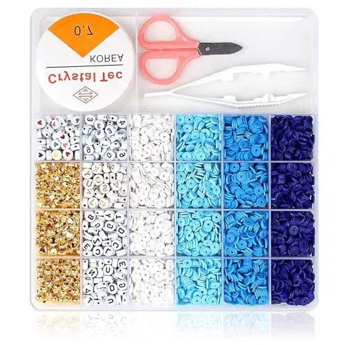 Produktbild: SXTDKMJ 3820 Stück Perlen zum Auffädeln, 6mm Polymer Clay Perlen für Armbänder Selber Machen Set mit Goldenen Buchstabenperlen Perlenset für DIY Armband Schmuckherstellung (Blau)