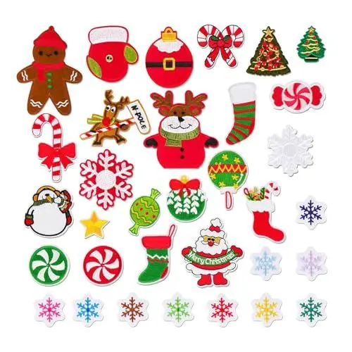 Produktbild: Sxutop 33 Stück Weihnachtsaufnäher Applikationen zum Aufnähen Weihnachten Patches zum Aufbügeln Flicken Aufnäher Weihnachten Bügel Patches für T-Shirt, Jeans, Kleidung, Taschen, Mützen,Weihnachtsserie