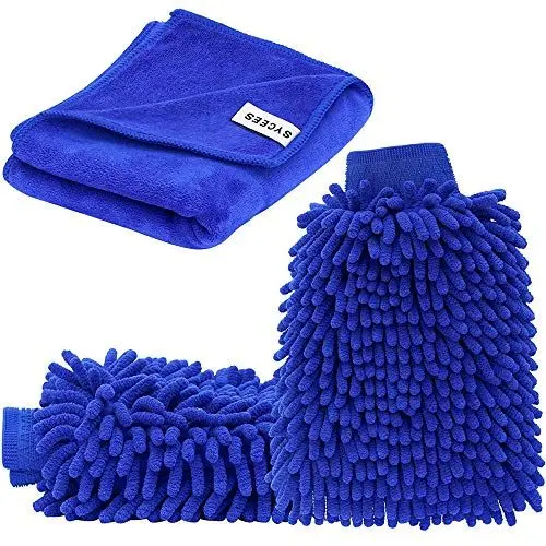 Produktbild: SYCEES 2 Stücke Wasserdicht Mikrofaser Autowaschhandschuh und 1 Stück Microfasertuch Set, weicher Korallen Auto Chenille Waschhandschuh Handschuh mit Reinigungstuch Trokentuch für Autowäsche (Blau)
