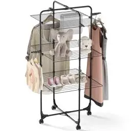 Produktbild: SYKIARIOL Wäscheständer, 3-stufiger zusammenklappbarer Wäscheständer mit Rädern und 4 Haken, für den Innen- und Außenbereich, für Bettwäsche, Kleidung, Socken, Schals Schwarz