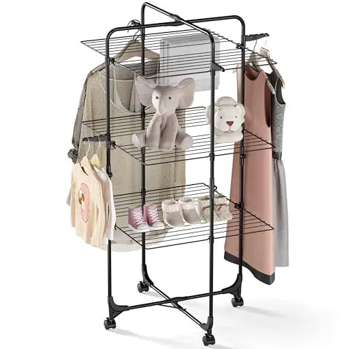 Produktbild: SYKIARIOL Wäscheständer, 3-stufiger zusammenklappbarer Wäscheständer mit Rädern und 4 Haken, für den Innen- und Außenbereich, für Bettwäsche, Kleidung, Socken, Schals Schwarz