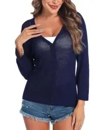 Produktbild: Sykooria Cardigan Damen Sommer 3/4 Ärmel Knopfleiste Stricktop Leichte Bolero Jäckchen Dünne Elegant Strickjacke Kurzjacke, Blau XXL