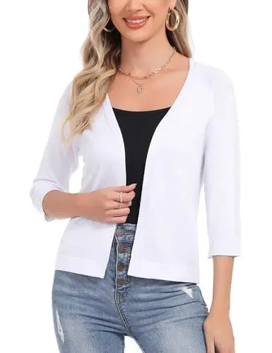 Produktbild: Sykooria Strickjacke Damen Sommer 3/4 Ärmel Bolero Cardigan Kurz Open Front Leicht Jäckchen Solid Bolerojacke Festlich Knit Kurzjacke, Weiß M