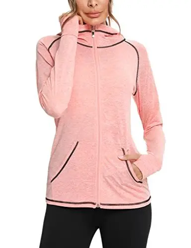 Produktbild: Sykooria Damen Sweatjacke Langarm Trainingsjacke Laufjacke Hoodie Leichte Atmungsaktiv Sportjacke voll Zip Kapuzenjacke mit Daumenloch und Seitentasche Fitness