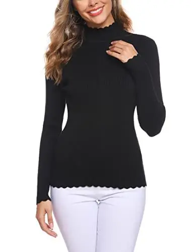 Produktbild: Sykooria Feinstrickpullover Damen Langarm Strickpullover Rundhals Mock Neck Elegant Rollkragenpullover Solide Pullover Basis Winterpullover für Herbst Winter Schwarz L