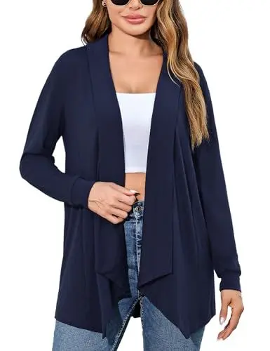 Produktbild: Sykooria Leichte Strickjacke Damen Herbst Langarm Cardigan Longstrickjacke Dünne Open Front Strickjacken Einfarbige Strickmantel, Navy blau M