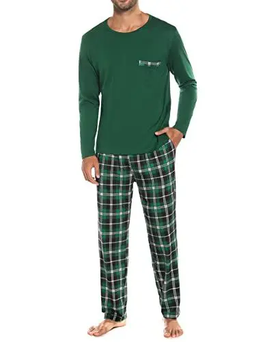 Produktbild: Sykooria Schlafanzug Herren Lang mit Bündchen Zweiteiliger Karierter Pyjama Set, Langarm Shirt & Schlafanzughose aus Baumwolle, D-Grün, L