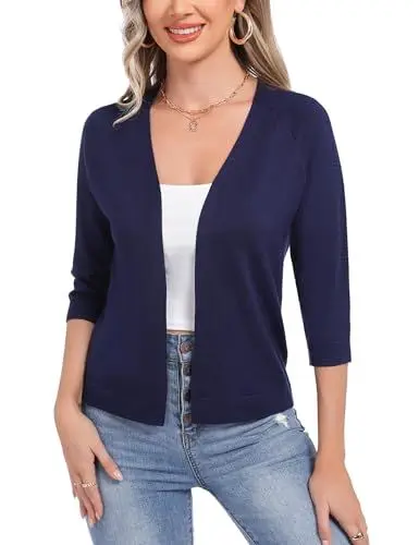 Produktbild: Sykooria Leichte Strickjacke Damen Sommer 3/4 Ärmel Bolero Jäckchen Festlich Kurz Solid Cardigan Stricken Bolerojacke, Dunkelblau L