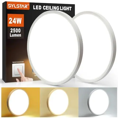 Produktbild: SYLSTAR LED Deckenleuchte, 2Stück 24W 2500LM Ultra Dünn Deckenlampe 3000/4000/6000K 3Farben per Wandschalter Wechselbar, Rund Deckenleuchten IP44 für Badezimmer Schlafzimmer Wohnzimmer Küche, Ø30cm