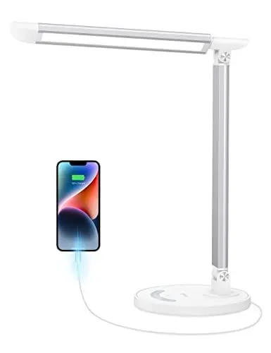 Produktbild: sympa Schreibtischlampe LED, dimmbare mit 7 Helligkeitsstufen, 5 Farbtemperaturen, USB-Ladeanschluss, Touch-Steuerung, Memory-Funktion, Lese-/Stehlampe für Zuhause und Büro, Silber