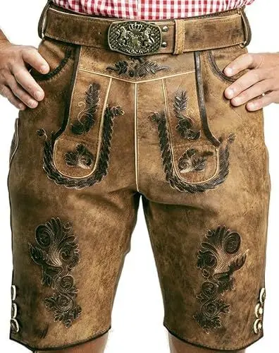 Produktbild: SYMPHONIE WESTERWALD Bayerische Herren Trachten Lederhose mit Trachtengürtel + Hosenträger, speckig, antik Look, braun, Gr. 58