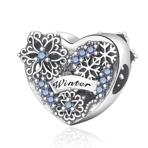 Produktbild: Symretie Herz Charms Anhänger 925 Sterling Silber Saison Winter Schneeflocke Bead Blau Charms Kompatibel mit Europäischen Armbändern und Halskette