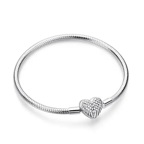 Produktbild: Symretie Schlangen Gliederarmband mit Herz Verschluss,Damen Basis Charm Armband 925 Sterling Silber,Metall Armbänder für Bead Charms,Moments Armkette