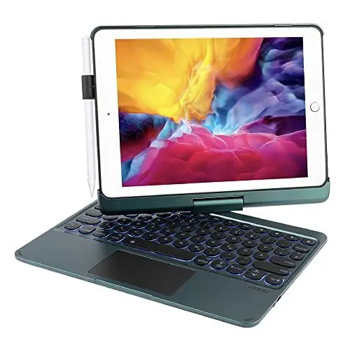 Produktbild: Synchro Deutsch QWERTZ iPad Hülle Mit Tastatur für 9.7 iPad 2018 (6. Gen) 2017 (5. Generation) Pro 9.7 Air 2 & 1 - 360⁰ Drehbar, Hintergrundbeleuchtung, Touchpad, Stifthalter (Kiefer)