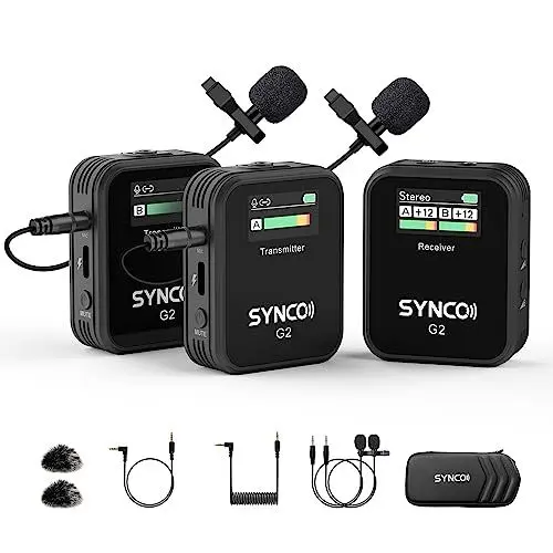 Produktbild: SYNCO Wireless Lavalier Mikrofon, G2(A2) 2.4GHz Ansteckmikrofon Kabellos 8H 200m Reichweite für Kamera mit Echtzeitüberwachung für Vlog YouTube