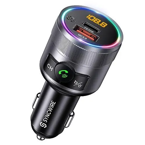 Produktbild: SYNCWIRE Bluetooth 5.3 FM-Transmitter für das Auto, 48W Max PD & QC 3.0 Schnelllade-Autoladegerät , Kabelloser Radio-Adapter, Deep-Bass-Musikplayer, Freisprechen, Buntes LED-Licht