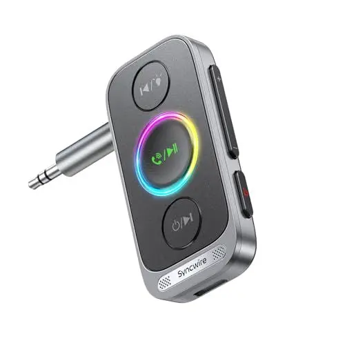 Produktbild: Syncwire Bluetooth 5.4 Aux-Adapter fürs Auto 3,5mm-Aux-Empfänger, Audioempfänger für Stereoanlage zu Hause, Kopfhörer, Freisprechfunktion, 22-Stunden-Akku, Tiefer Bass, buntes Licht, Silber