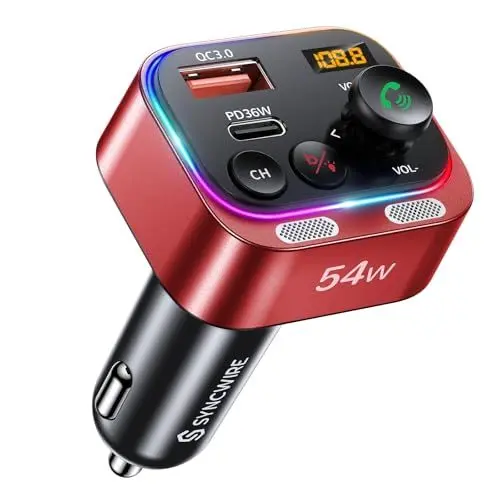 Produktbild: Syncwire FM Transmitter 5.4 Bluetooth Adapter Auto 54W PD & QC 3.0 USB C Auto Ladegerät (Stärkere Dual-Mikrofone | HiFi-Basston | Schnellladung | Lichtschalter | Kabelloser Radioempfänger), Rot