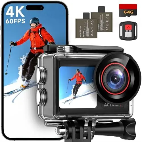 Produktbild: syndesmos Action Cam 4K 60FPS, 40M Unterwasserkamera, 30MP HD Unterwasserkamera Schnorcheln 2 LCD Bildschirm, Wasserdicht EIS Touchscreen Actioncam mit 64GB Karte, 2.4G Fernbedienung, Zubehör Kit