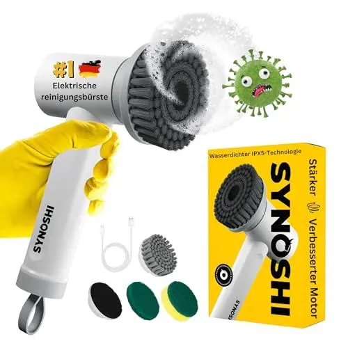 Produktbild: SYNOSHI | Elektrische Reinigungsbürste, Power Spin Scrubber, Reinigungsgerät mit 3 Sustauschbaren Reinigungsköpfen, Drehschrubber 2 Geschwindigkeiten. Schrubber Für Badezimmern, Duschen, Fliesen