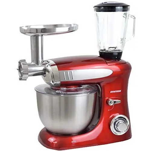 Produktbild: Syntrox Germany KM-1300W Red de Luxe Küchenmaschine Knetmaschine Mixer mit Fleischwolf, Edelstahl-Behälter, 6,5 Liter, rot