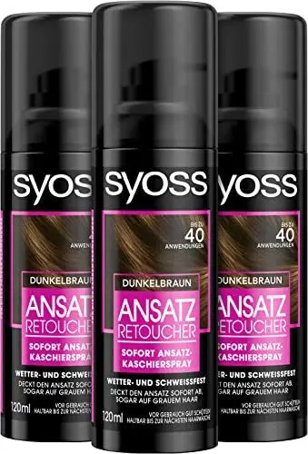 Produktbild: Syoss Ansatz Retoucher Kaschierspray Dunkelbraun Stufe 1 (3 x 120 ml), Ansatzspray deckt helleren und grau nachwachsenden Ansatz ab, Ansatzfarbe hält bis zur nächsten Haarwäsche