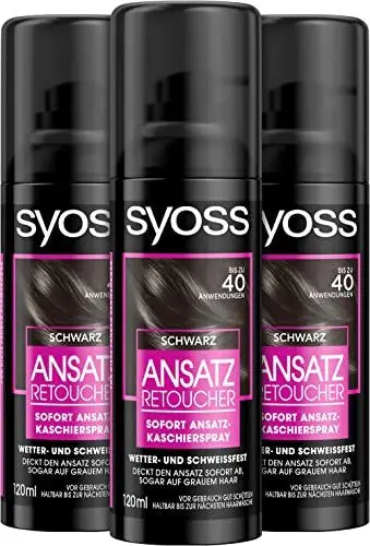 Produktbild: Syoss Ansatz Retoucher Kaschierspray Schwarz Stufe 1 (3 x 120 ml), Ansatzspray deckt helleren und grau nachwachsenden Ansatz ab, Ansatzfarbe hält bis zur nächsten Haarwäsche